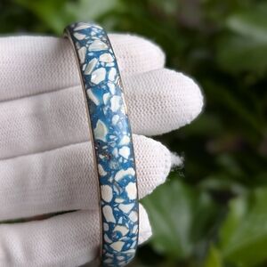 Blue & White Mosaic Inlay Bangle Bracelet | Vintage Style Statement Cuff